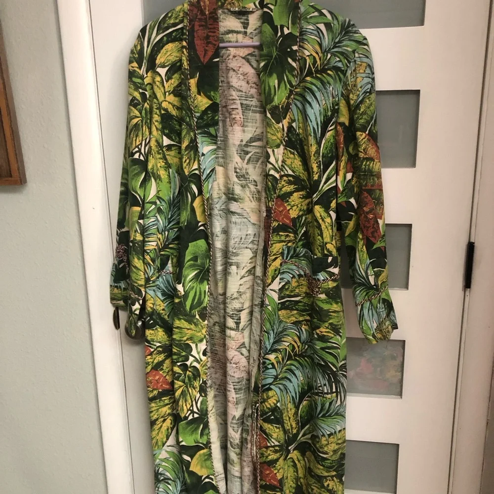 Bombay Dye Tropical Leaf Print Long Duster Coat - Green Botanical Barkcloth